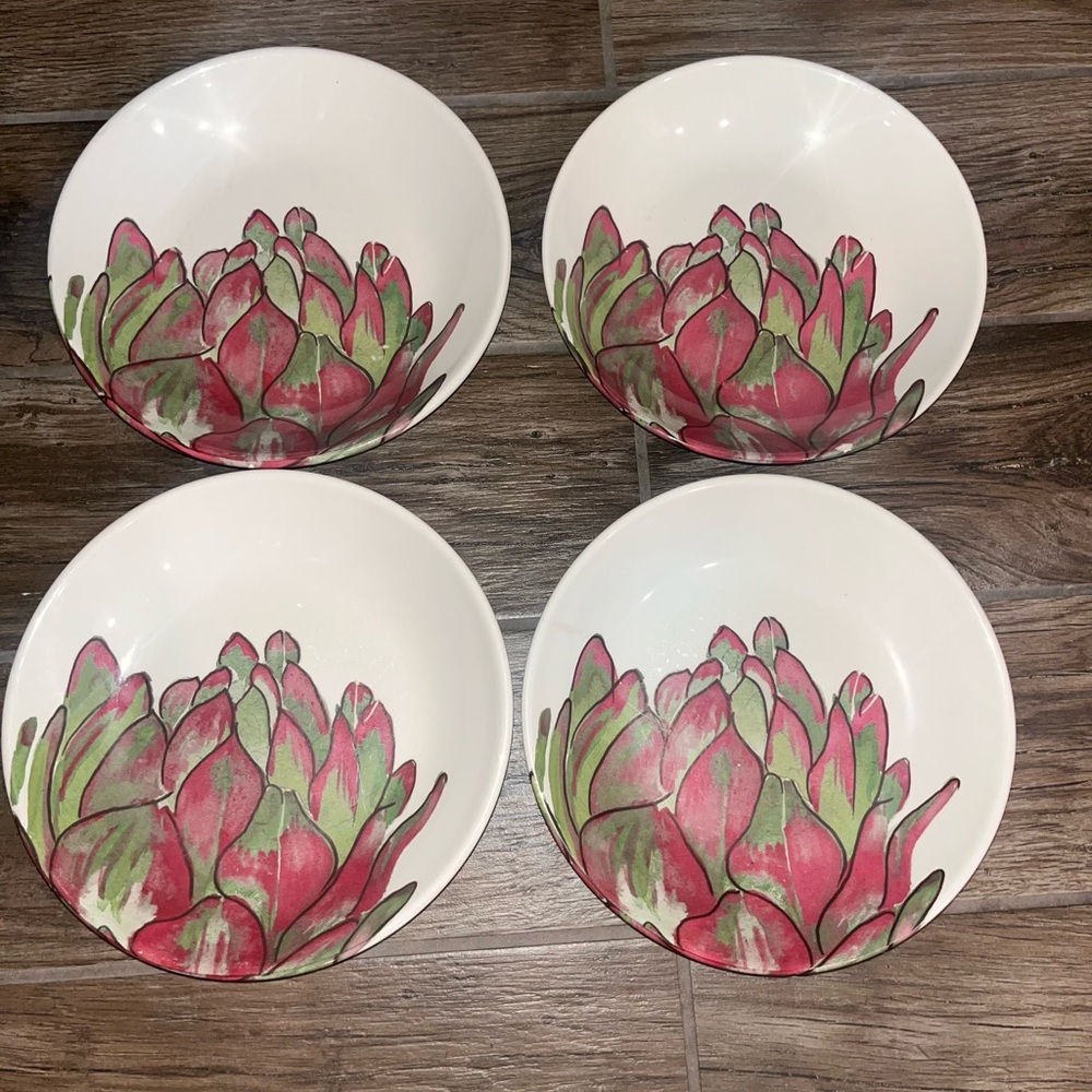 Crate and Barrel Floral Artichoke Ceramic Bowls 9.5”  (Set of 4)